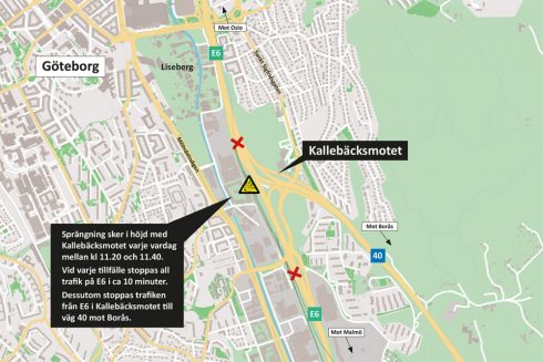 Karta som visar var sprängningarna vid Kallebäcksmotet kommer att ske och var trafiken stoppas.