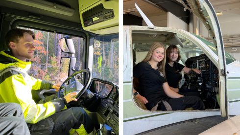 Linus Widén från Alunda är en av TYAs nya ambassadörer, som ska locka fler unga till lastbilsföraryrket. Denise Fernros och Felicia Blom utbildar sig till flygmekaniker på Edströmska gymnasiet i Västerås. Foto: TYA.